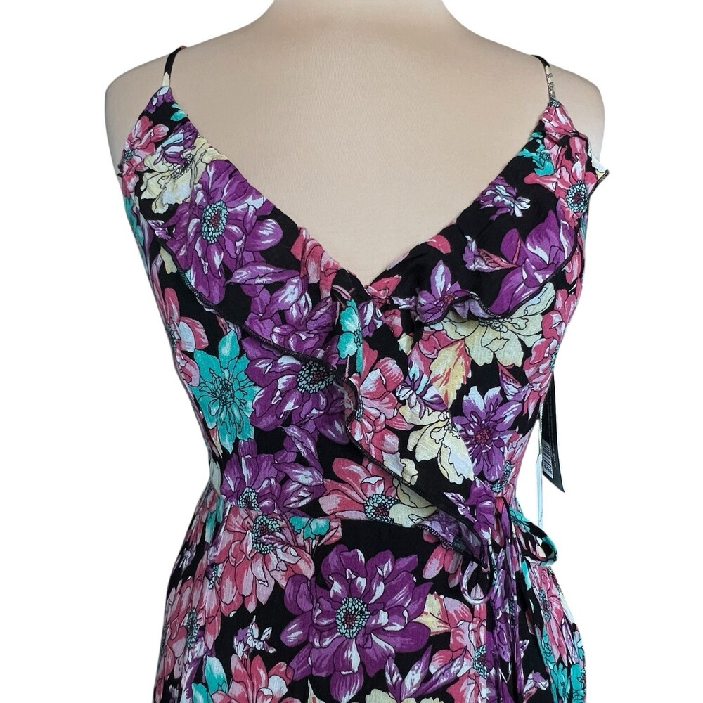 NWT Olivia Grey Floral Maxi Wrap Dress Small Black Pink Purple Ruffle Sleeveless - Picture 9 of 14